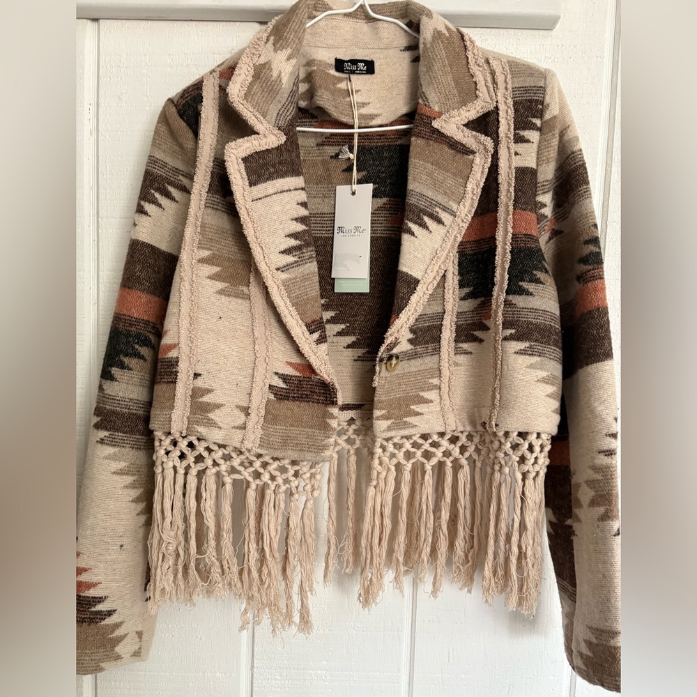Miss Me Beige and Brown Aztec Knit Fringe Jacket Fits S-XL